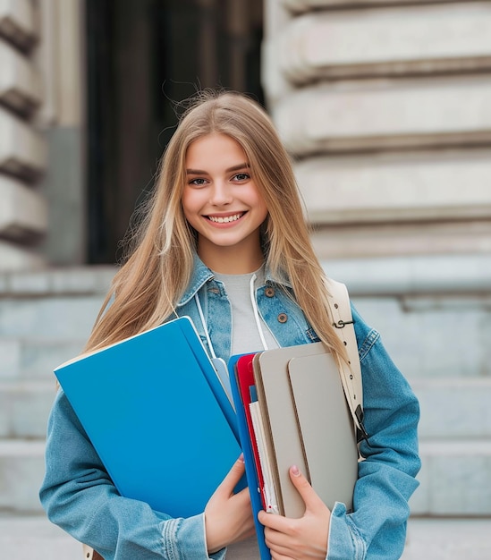 Retrato fotográfico de una joven estudiante universitaria sonriente