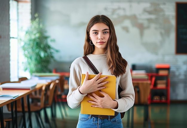 Retrato fotográfico de una joven estudiante universitaria sonriente