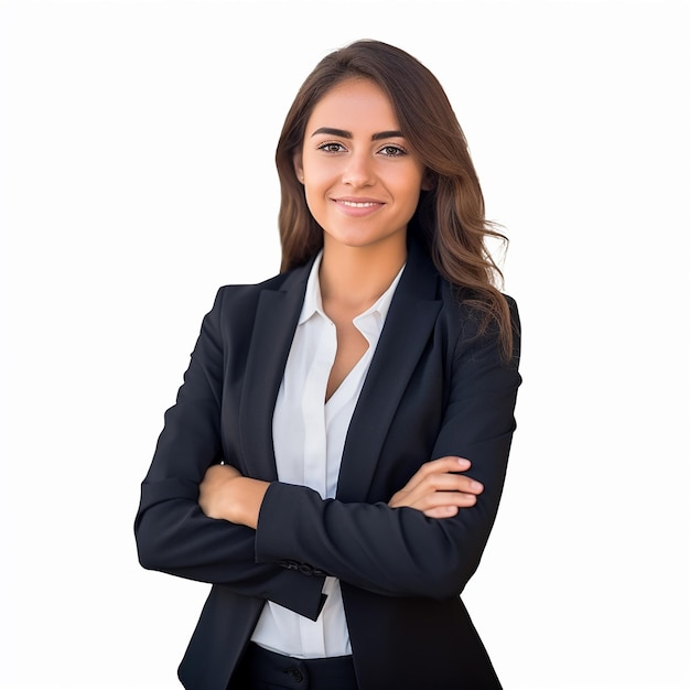 Foto retrato fotográfico de una joven feliz mujer de negocios, secretaria de oficina con cara sonriente