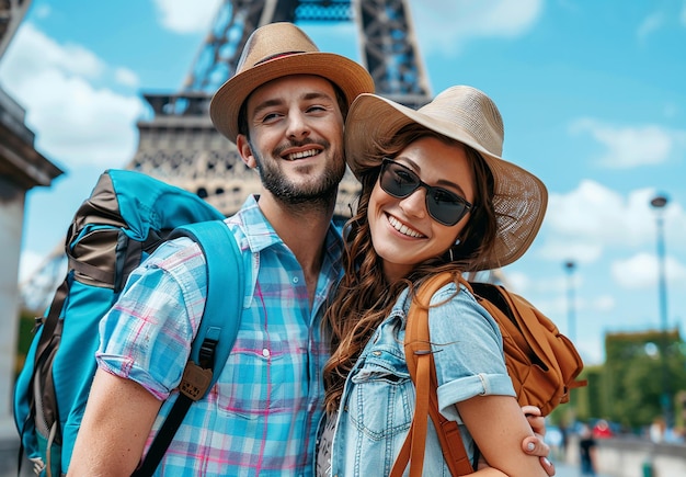 Retrato fotográfico de una joven y hermosa pareja de viajeros, marido y esposa, sonriendo, tomando una selfie.