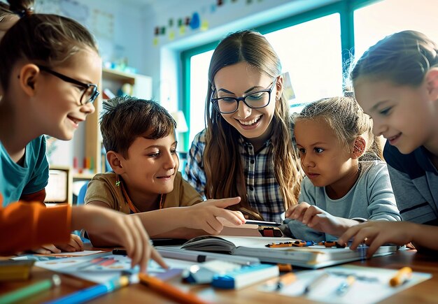 Foto retrato fotográfico de una joven maestra de educación con sus hijos enseñando en el aula