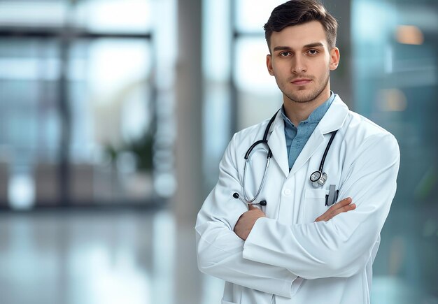 Foto retrato fotográfico de un joven médico con los brazos cruzados y un estetoscopio