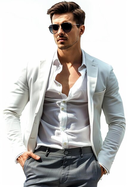 Retrato fotográfico de un joven modelo masculino con gafas de sol con trajes de negocios y casuales