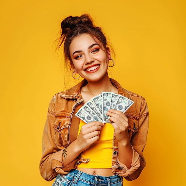 Foto retrato fotográfico de una joven modelo que sostiene dólares en efectivo en la mano con una sonrisa linda