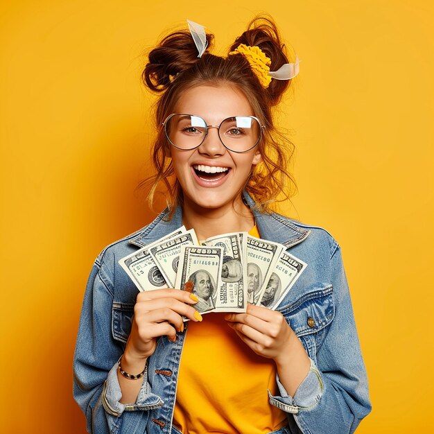 Foto retrato fotográfico de una joven modelo que sostiene dólares en efectivo en la mano con una sonrisa linda