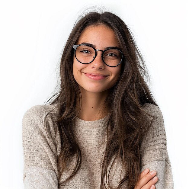 Foto retrato fotográfico de una joven mujer de negocios con un fondo blanco