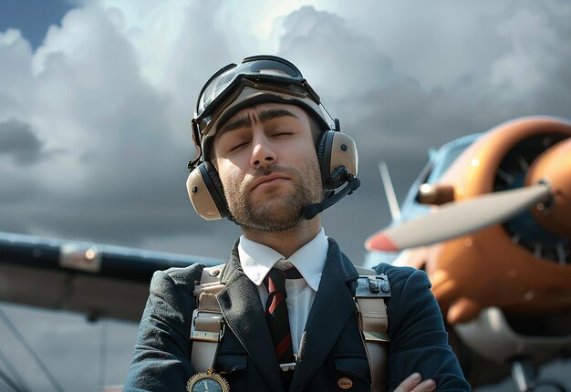 Retrato fotográfico de un joven piloto en uniforme y gafas de sol