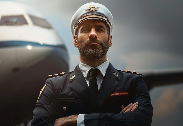 Retrato fotográfico de un joven piloto en uniforme y gafas de sol