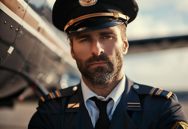 Retrato fotográfico de un joven piloto en uniforme y gafas de sol