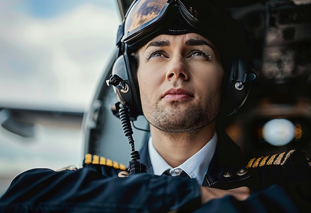 Retrato fotográfico de un joven piloto en uniforme y gafas de sol