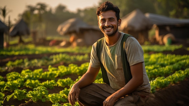 Retrato fotográfico de un joven sonriente y un feliz y guapo granjero en un campo de arroz generado por la IA