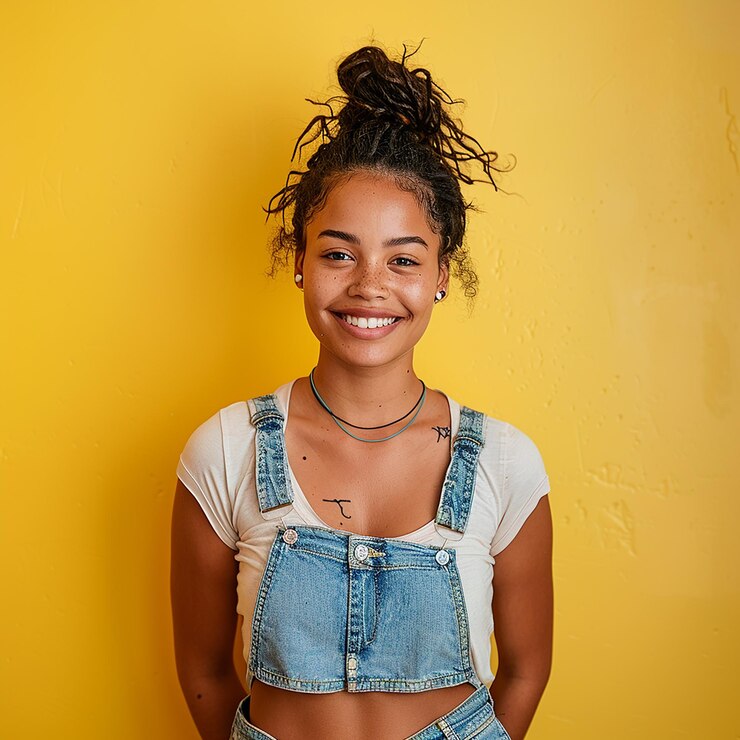 Retrato fotográfico de una joven sonriente de pie aislada