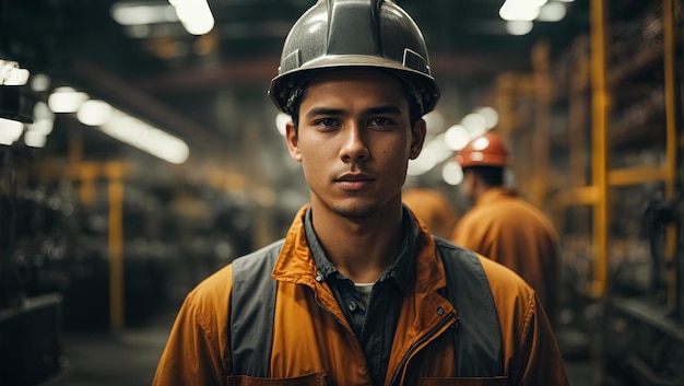 retrato fotográfico de un joven trabajador con casco en una gran planta metalúrgica