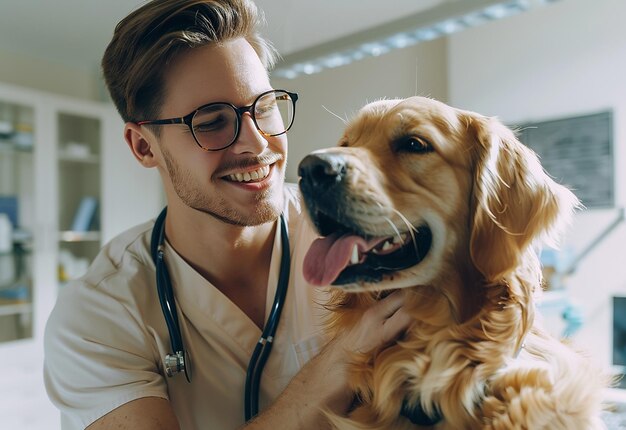 Retrato fotográfico de un joven veterinario chequeando a un lindo perro, gato y mascota