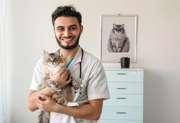 Retrato fotográfico de un joven veterinario chequeando a un lindo perro, gato y mascota