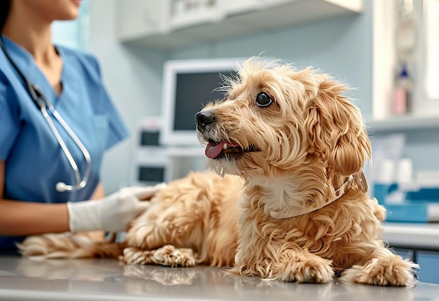 Retrato fotográfico de un joven veterinario chequeando a un lindo perro, gato y mascota