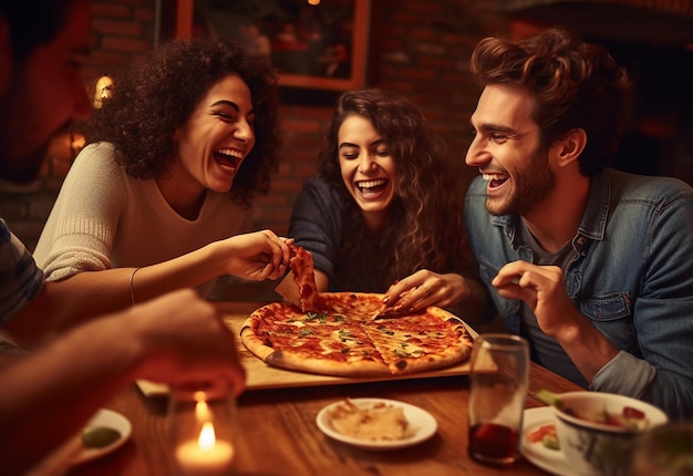 Retrato fotográfico de jóvenes amigas hambrientas comiendo pizza juntas