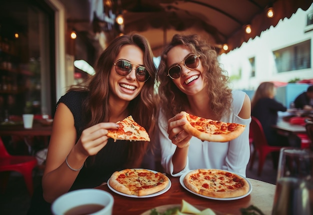 Retrato fotográfico de jóvenes amigas hambrientas comiendo pizza juntas