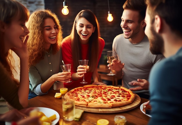 Retrato fotográfico de jóvenes amigas hambrientas comiendo pizza juntas