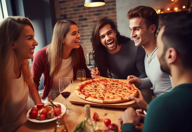 Retrato fotográfico de jóvenes amigas hambrientas comiendo pizza juntas