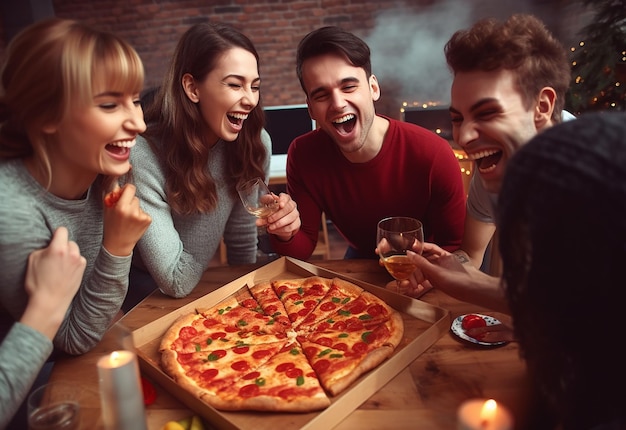 Retrato fotográfico de jóvenes amigas hambrientas comiendo pizza juntas