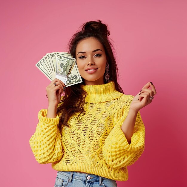 Retrato fotográfico de jóvenes con dinero en efectivo con una sonrisa feliz y positiva