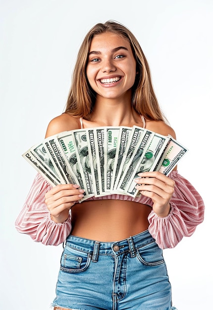 Retrato fotográfico de jóvenes con dinero en efectivo con una sonrisa feliz y positiva