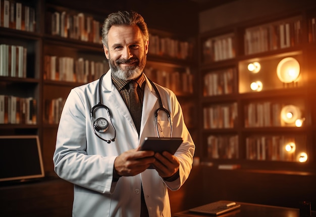 Foto retrato fotográfico de un médico feliz usando una tableta