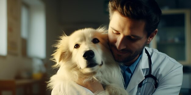 Retrato fotográfico de un médico veterinario abrazando a un hermoso perro