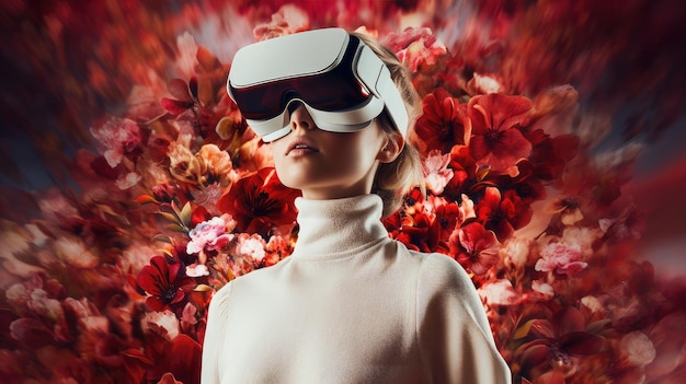 Retrato fotográfico de una mujer inmersa en un mundo de realidad virtual