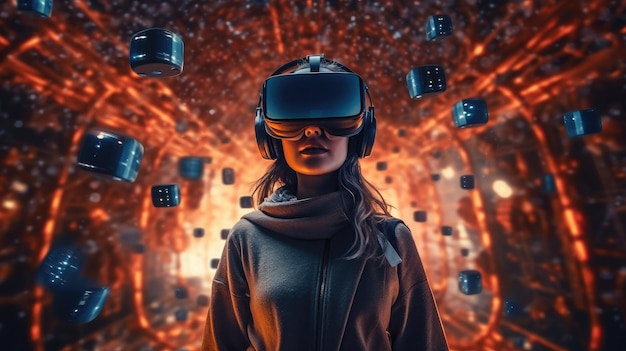 Retrato fotográfico de una mujer inmersa en un mundo de realidad virtual