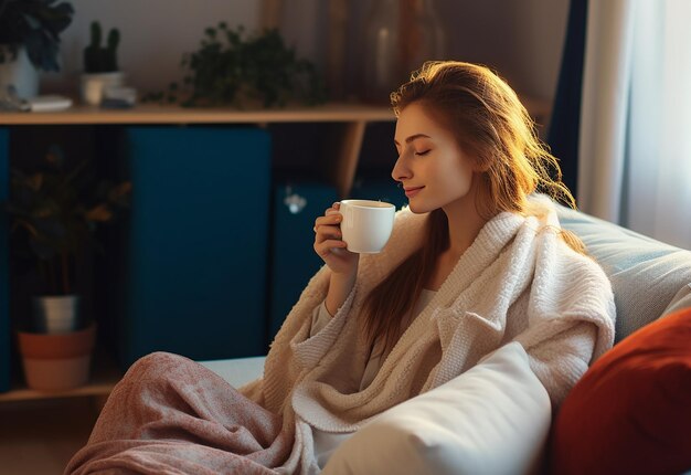 Retrato fotográfico de una mujer joven bebiendo té matutino