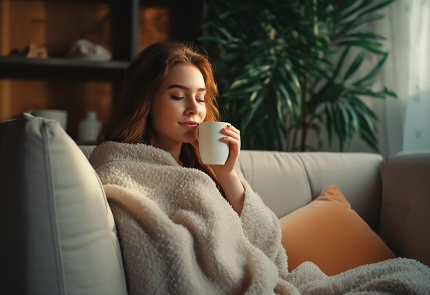 Retrato fotográfico de una mujer joven bebiendo té matutino