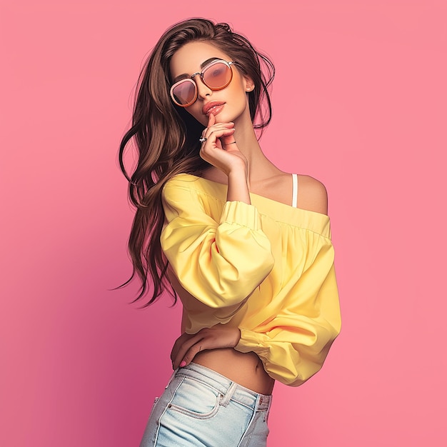 Retrato fotográfico de una mujer joven con una camiseta amarilla y pantalones vaqueros azules posando para una foto