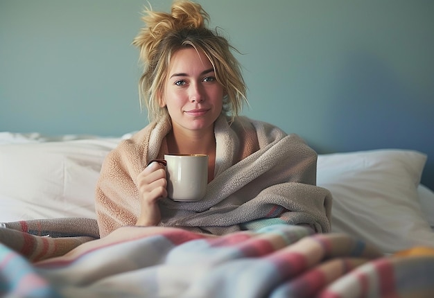 Retrato fotográfico de una mujer joven y hermosa bebiendo té en la cama sentada en la cama por la mañana