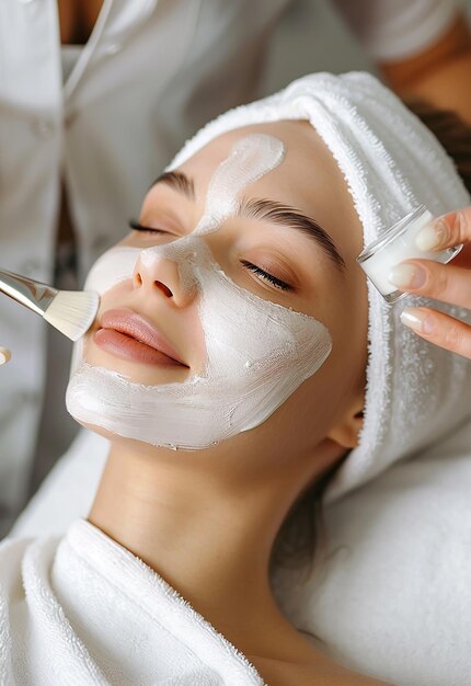 Foto retrato fotográfico de una mujer joven que recibe tratamientos faciales de belleza