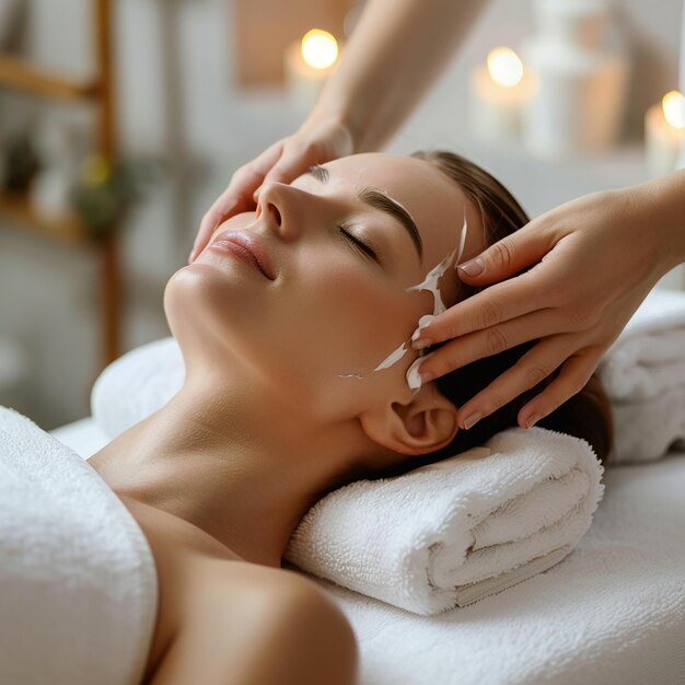 Foto retrato fotográfico de una mujer joven recibiendo un tratamiento facial de masaje de cabeza en un salón de spa