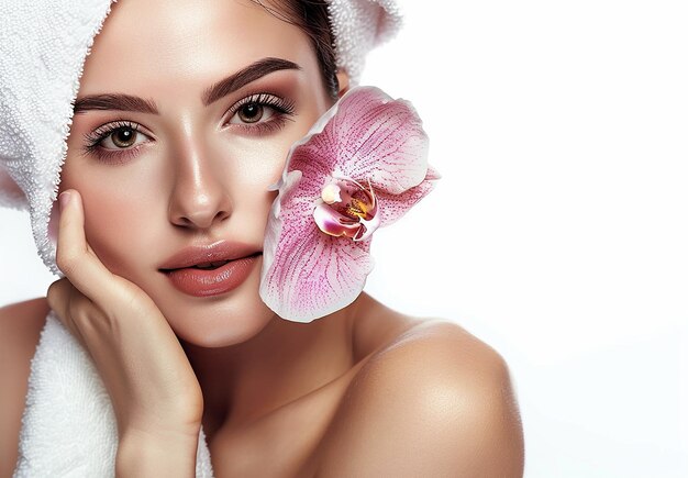 Foto retrato fotográfico de una mujer joven, rostro de belleza en fondo blanco, modelo de belleza facial de salón de spa