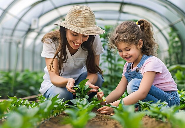 Foto retrato fotográfico de una mujer joven y su hija plantando en un invernadero