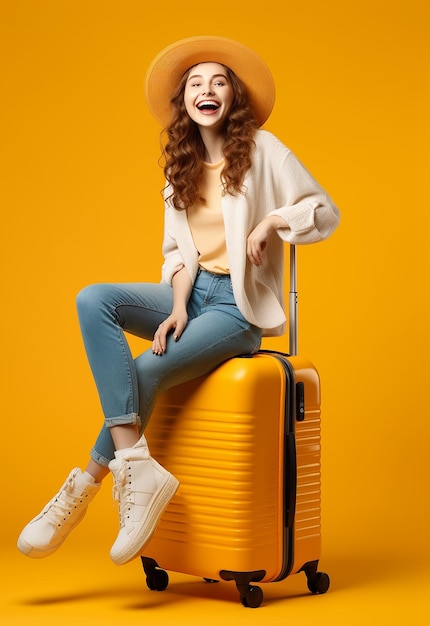 Retrato fotográfico de una mujer joven de viaje que lleva una maleta de viaje sobre un fondo amarillo