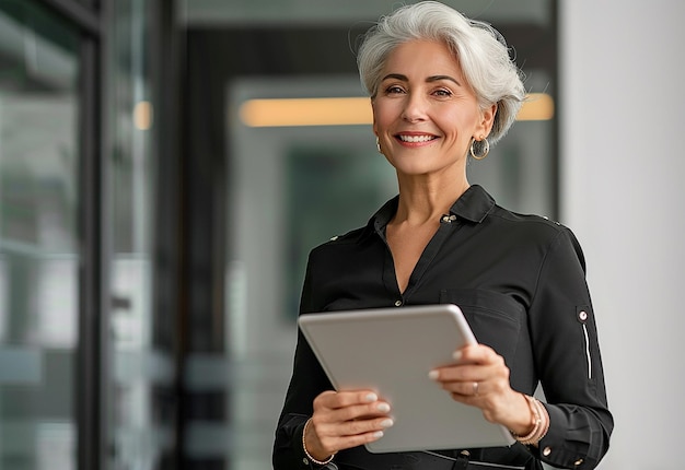 Retrato fotográfico de una mujer de negocios adulta y anciana feliz y ocupada que trabaja en la oficina usando una computadora portátil