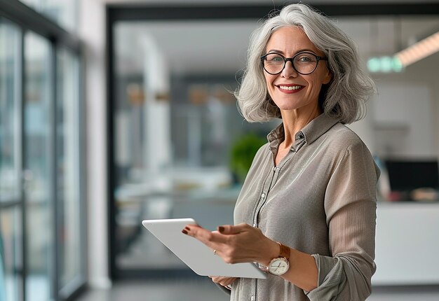 Retrato fotográfico de una mujer de negocios adulta y anciana feliz y ocupada que trabaja en la oficina usando una computadora portátil