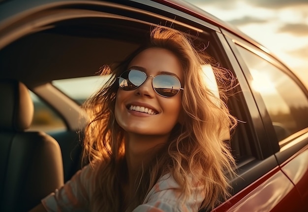 Foto retrato fotográfico de una mujer que sobresale de la ventana del coche mientras conduce en la naturaleza de verano