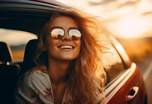 Foto retrato fotográfico de una mujer que sobresale de la ventana del coche mientras conduce en la naturaleza de verano