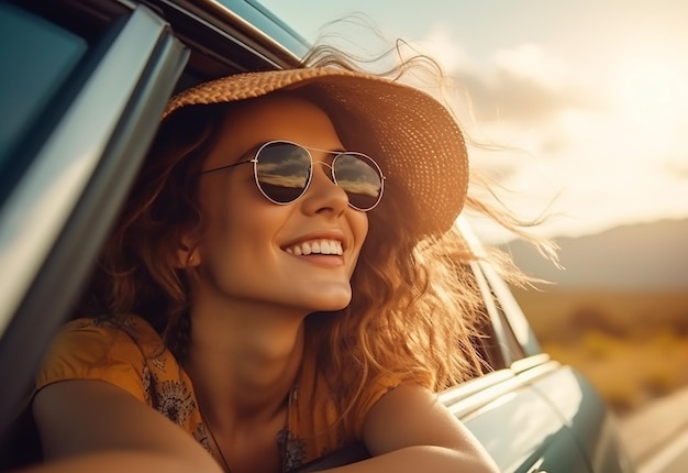 Retrato fotográfico de una mujer que sobresale de la ventana del coche mientras conduce en la naturaleza de verano