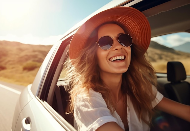 Retrato fotográfico de una mujer que sobresale de la ventana del coche mientras conduce en la naturaleza de verano