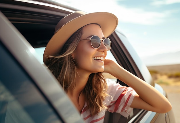 Foto retrato fotográfico de una mujer que sobresale de la ventana del coche mientras conduce en la naturaleza de verano