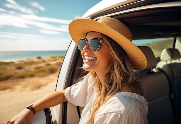 Retrato fotográfico de una mujer que sobresale de la ventana del coche mientras conduce en la naturaleza de verano