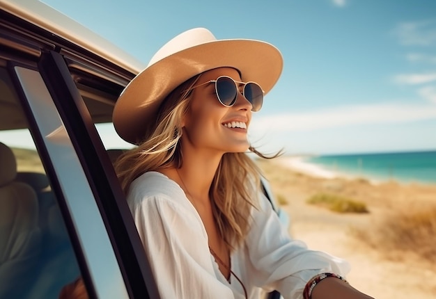 Retrato fotográfico de una mujer que sobresale de la ventana del coche mientras conduce en la naturaleza de verano