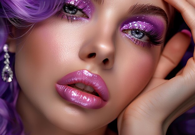 Foto retrato fotográfico de una mujer de rostro hermoso con uñas y labios de maquillaje púrpura